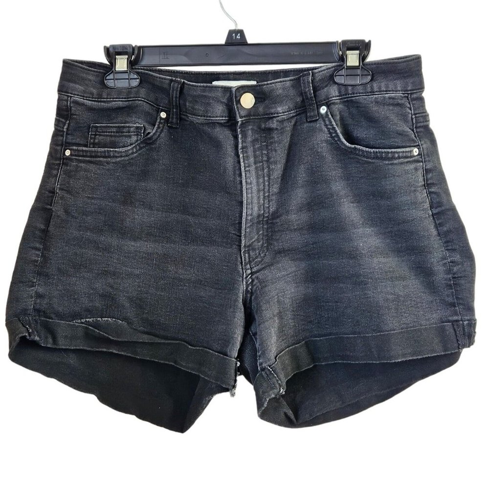 H&M Cuffed Stretch Shorts Womens 14 Black Denim Mid Rise 4 in Inseam